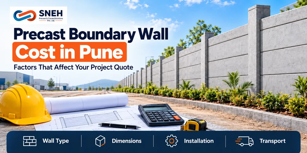 Sneh Precast banner showing a concrete boundary wall and cost factors in Pune: wall type, dimensions, installation and transport.
