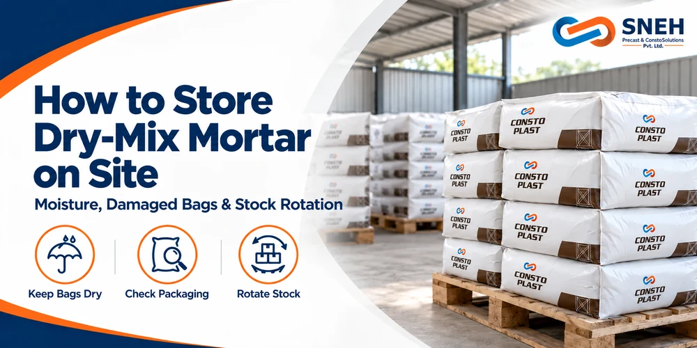 Consto Plast dry-mix mortar bags stored on wooden pallets, with tips to keep bags dry, check packaging and rotate stock.
