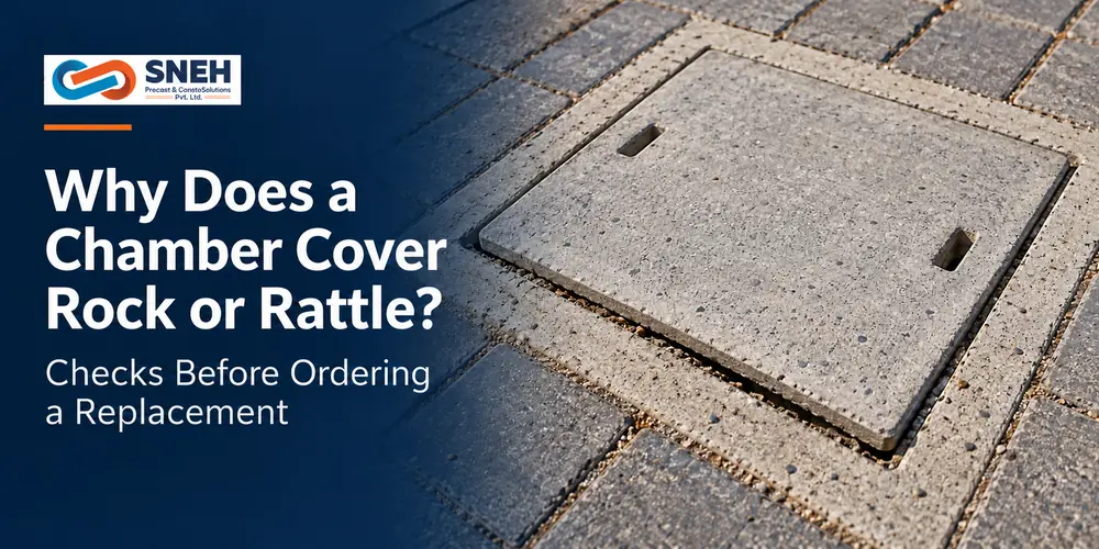 Uneven concrete chamber cover in a paved surface, with Sneh Precast branding and a headline about checks before replacement.